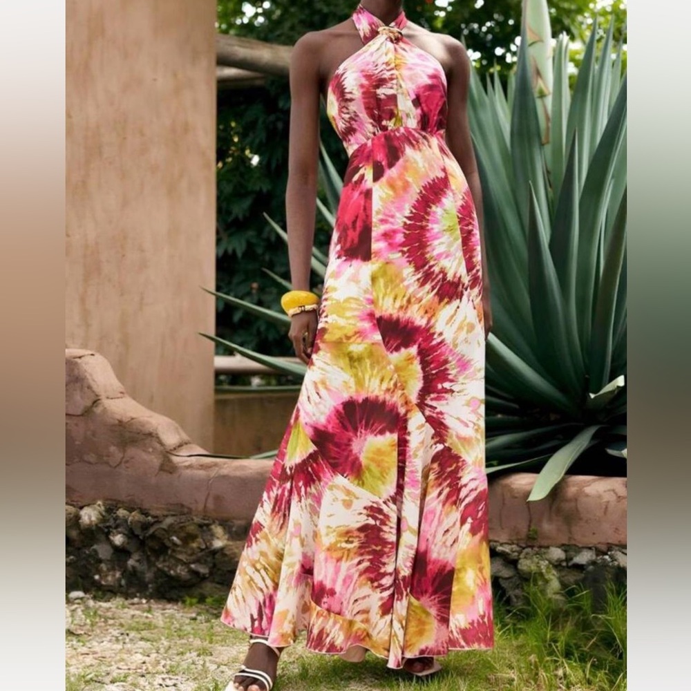 Vibrant Tie-Dye Halter Maxi Dress